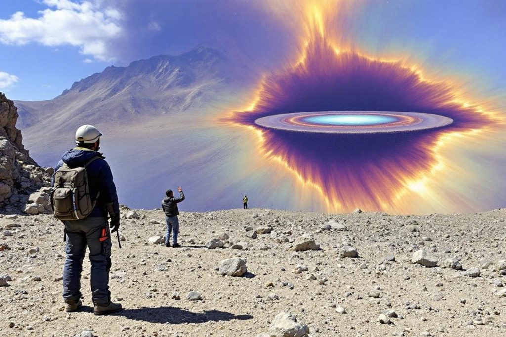 Randonneurs observant un étrange disque lumineux dans un paysage volcanique
