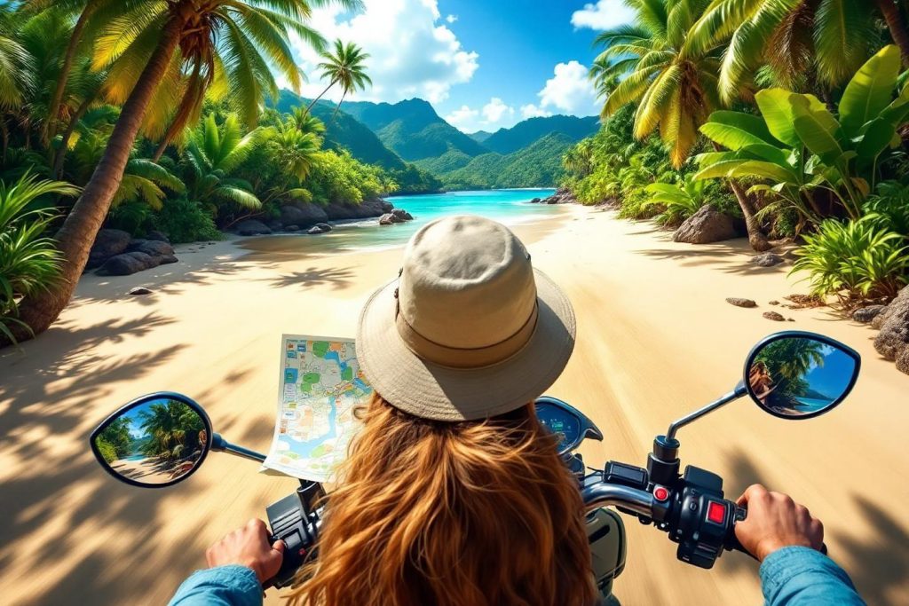Motard avec carte découvrant une plage paradisiaque entourée de palmiers