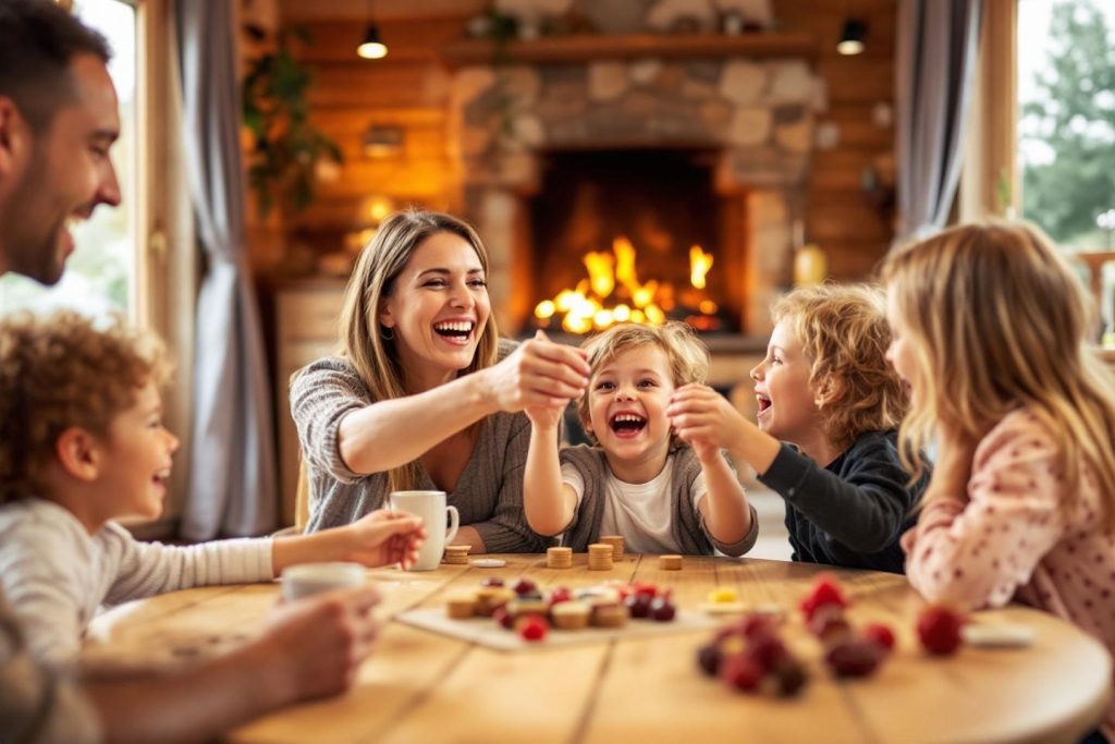 Parents et enfants rient ensemble à table près d'une cheminée