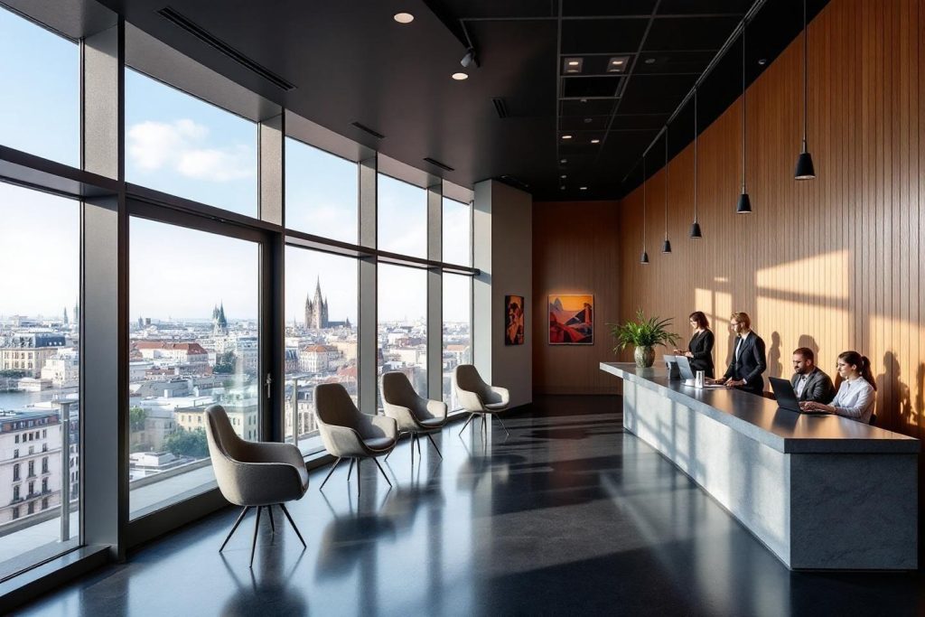 Réception d'entreprise lumineuse avec panorama urbain en arrière-plan