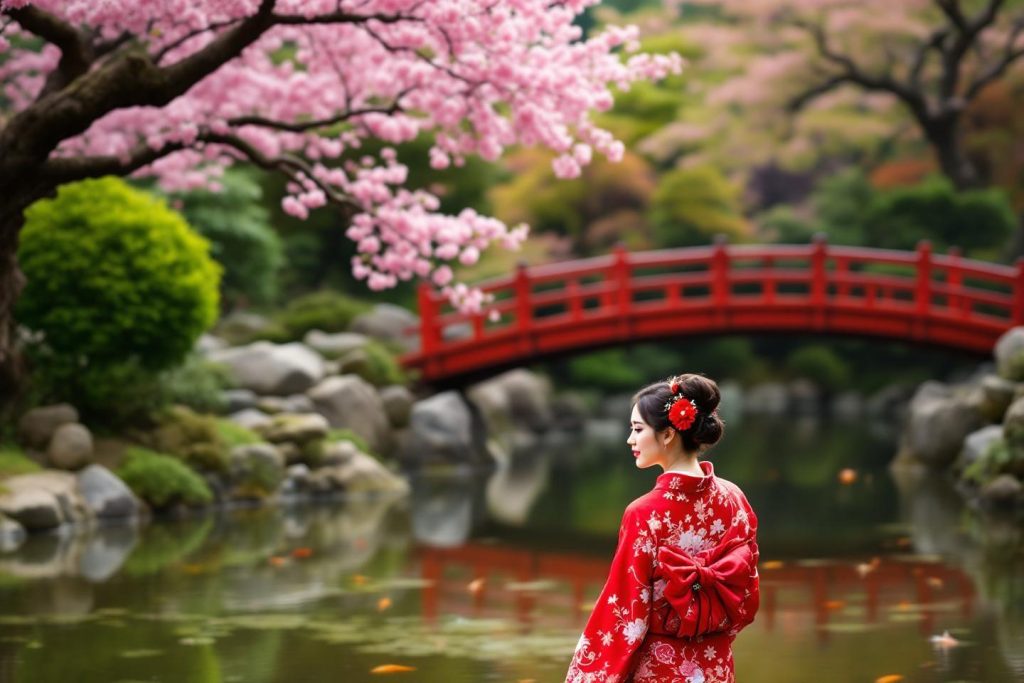 Femme en kimono rouge devant un pont et des cerisiers japonais