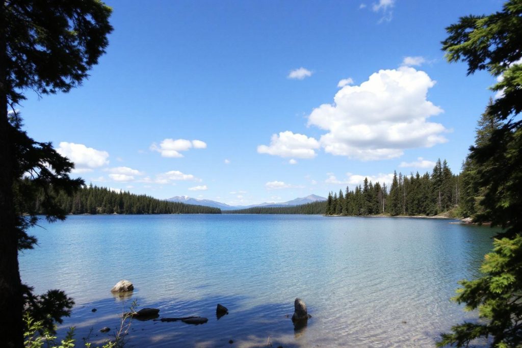 Lac bleu avec rochers, entouré de sapins et montagnes