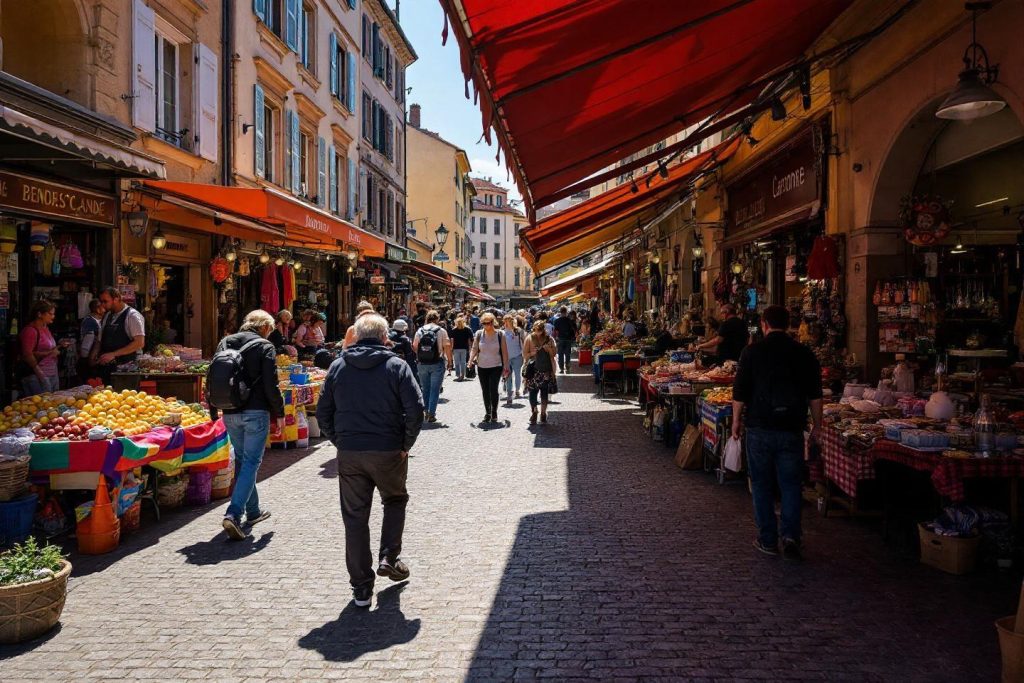 Étals colorés de fruits et passants dans une rue médiévale