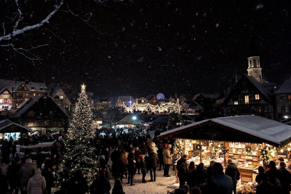 Marché de Noël illuminé sous la neige avec chalets et sapins