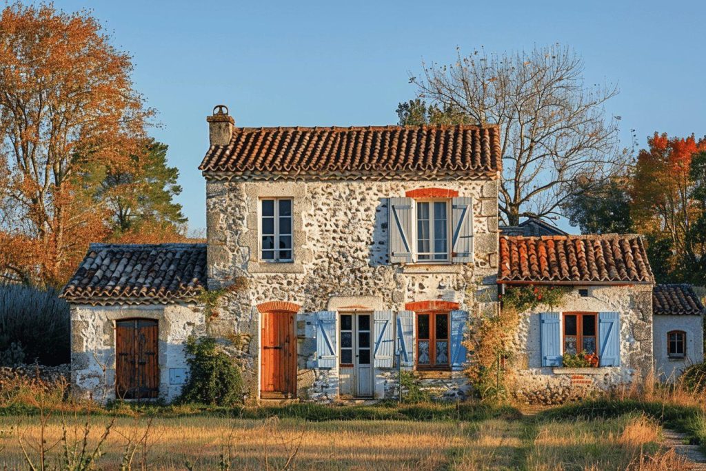 Maison en pierre avec volets bleus au milieu des arbres