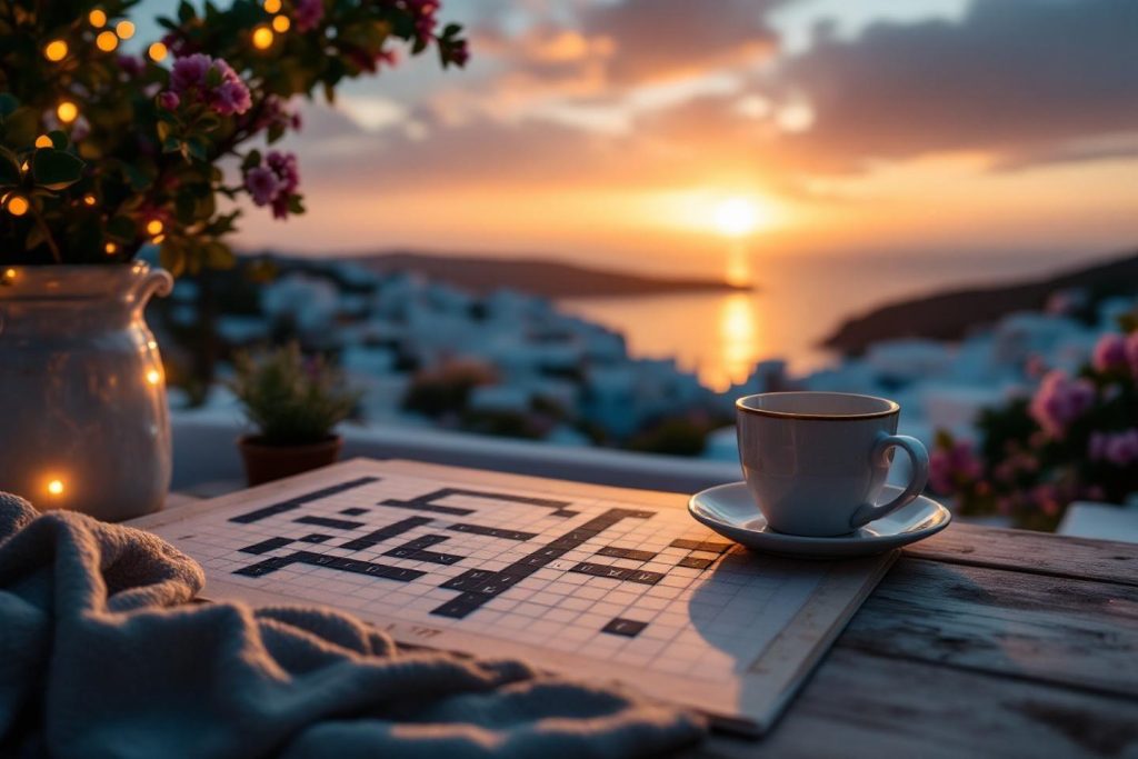Grille de mots croisés et café face au lever de soleil