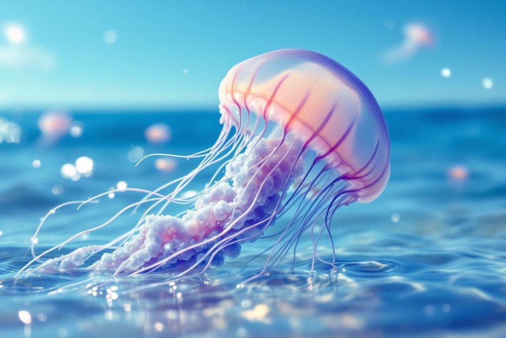 Méduse translucide aux couleurs pastel flottant sur l'océan