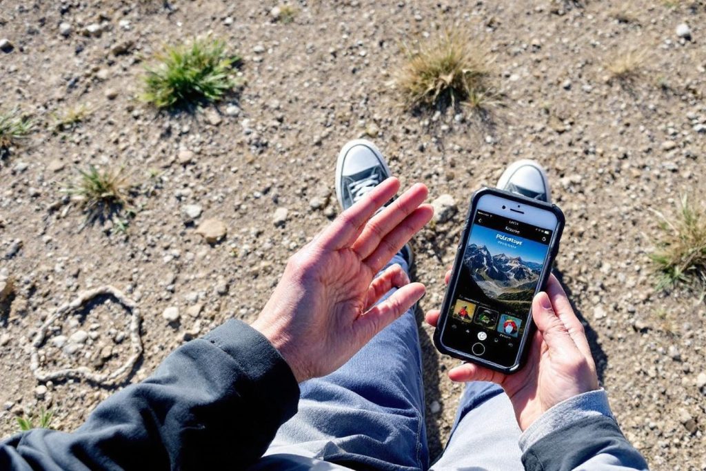 Mains tenant un smartphone affichant un paysage de montagne