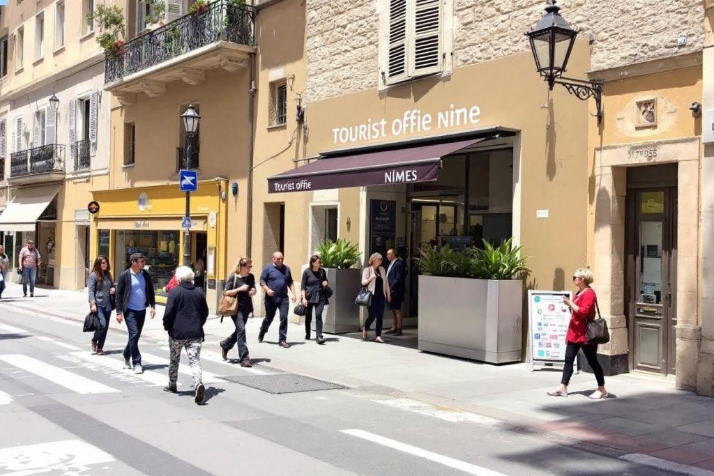 Façade ensoleillée de l'office de tourisme avec des passants