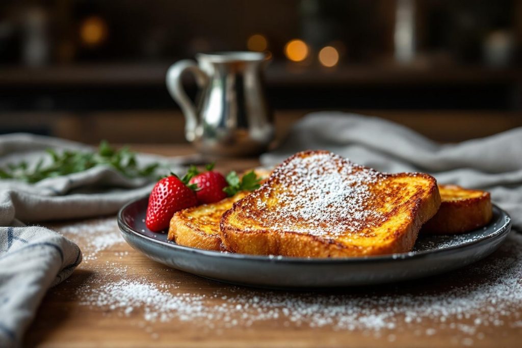 Pain doré sucré avec fraises fraîches et sucre glace
