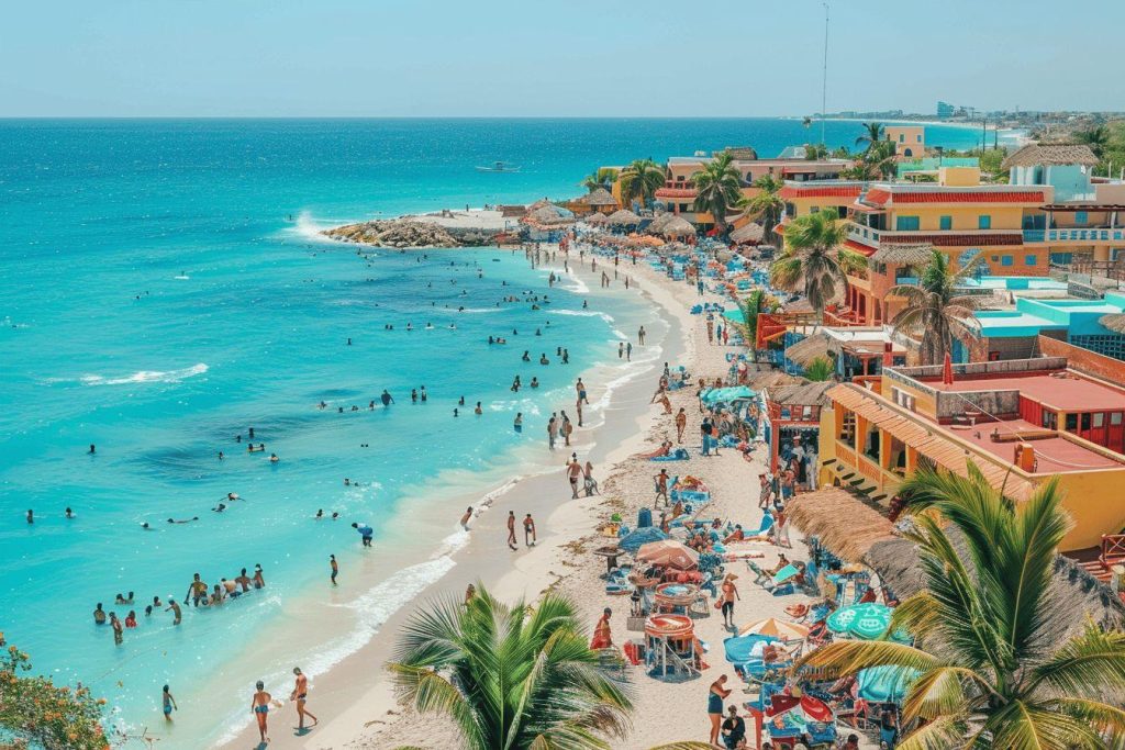Plage tropicale colorée avec baigneurs et constructions