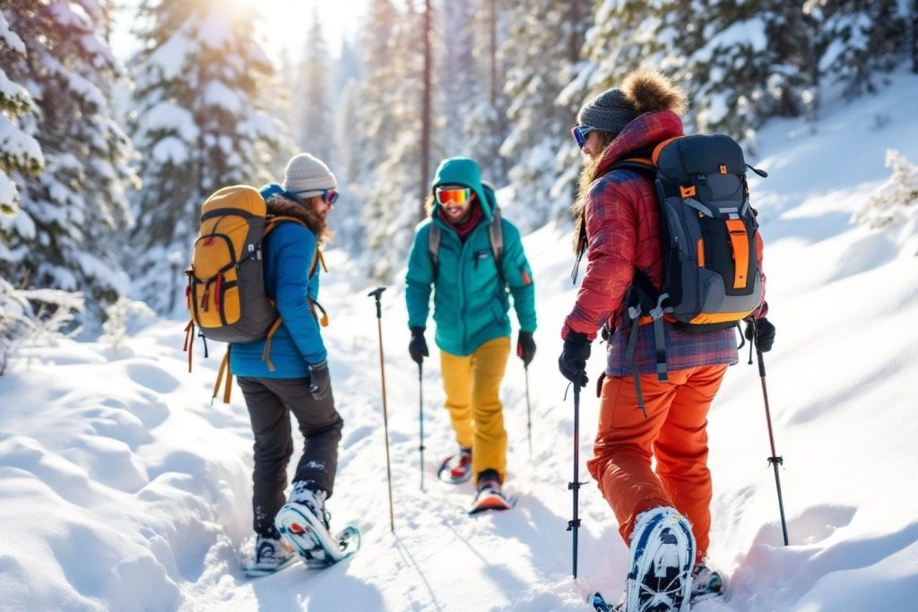 Trois personnes en raquettes progressant dans une forêt enneigée