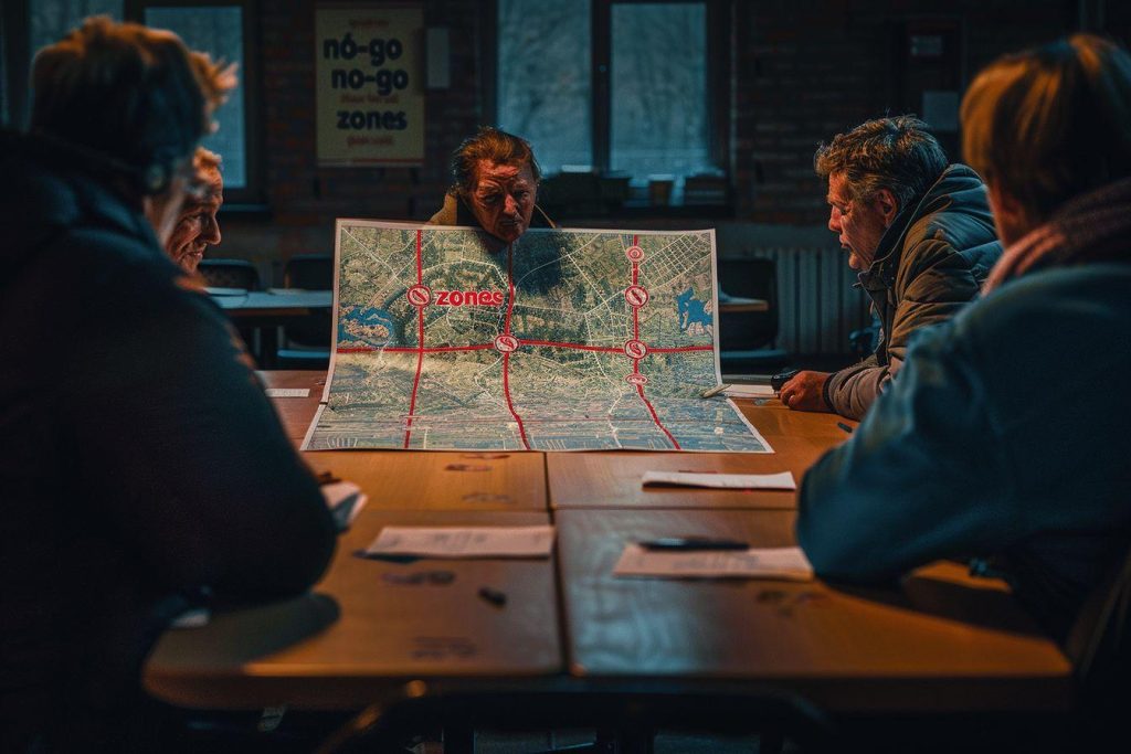 Personnes autour d'une table discutant d'une carte marquée de zones