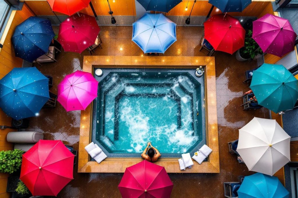 Vue aérienne d'un jacuzzi entouré de parasols colorés
