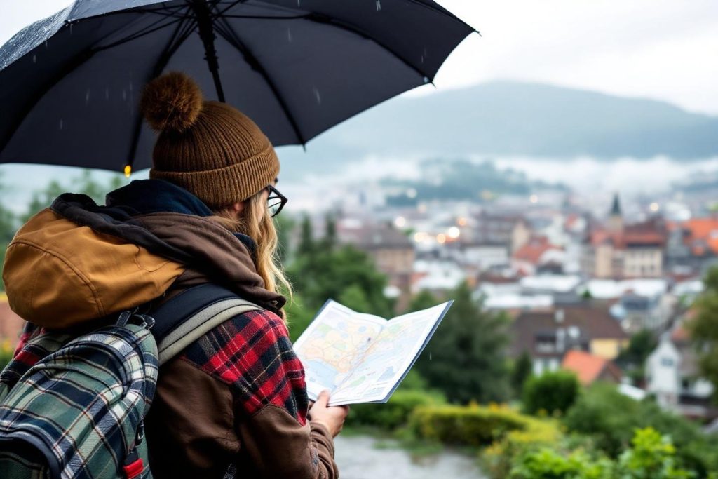 Dos d'un voyageur avec parapluie consultant une carte