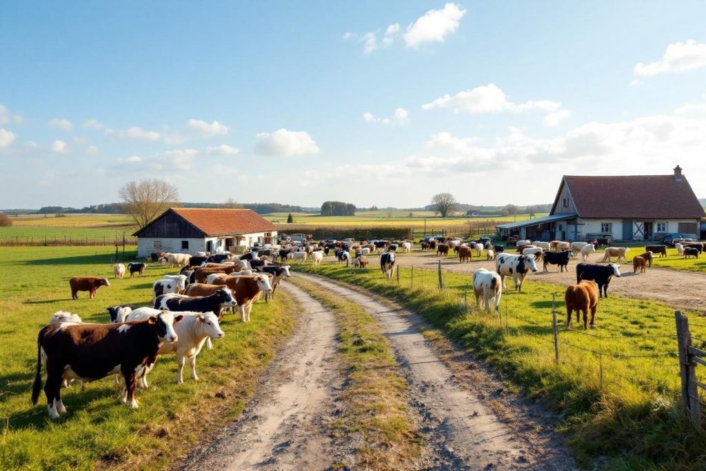 Nombreuses vaches dans un champ avec bâtiments agricoles