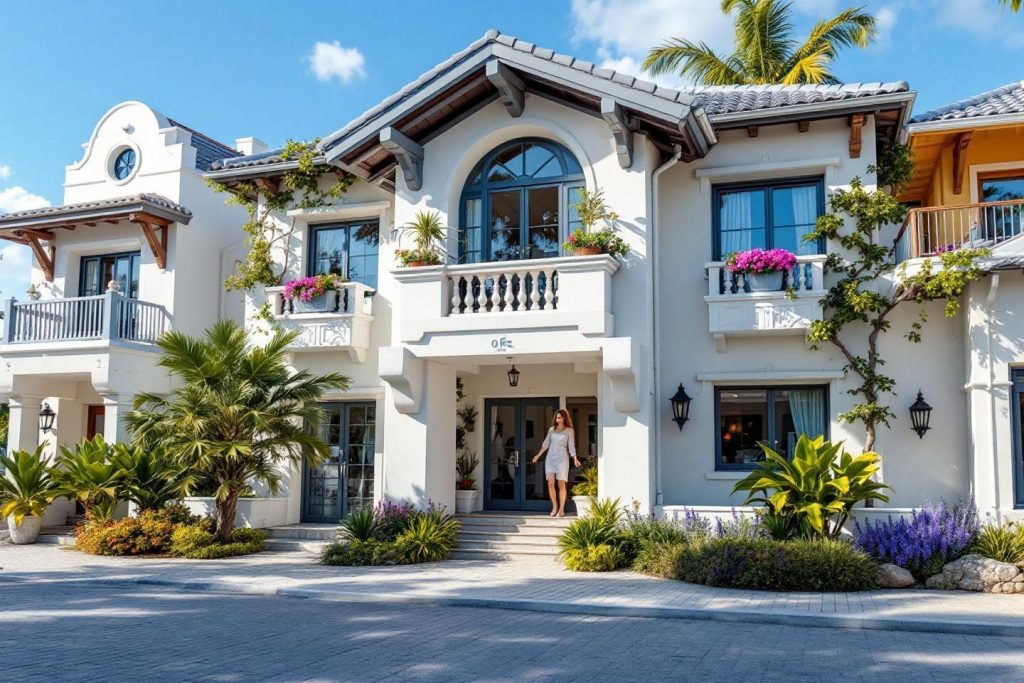 Grande maison blanche avec balcons, palmiers et végétation tropicale