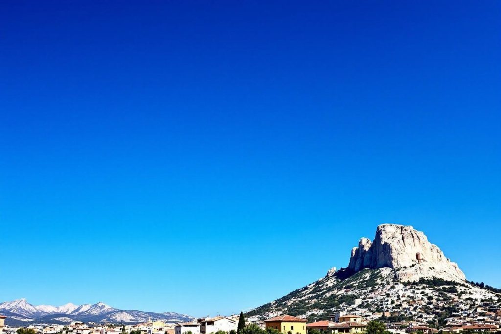 Paysage urbain avec montagne rocheuse et sommets enneigés