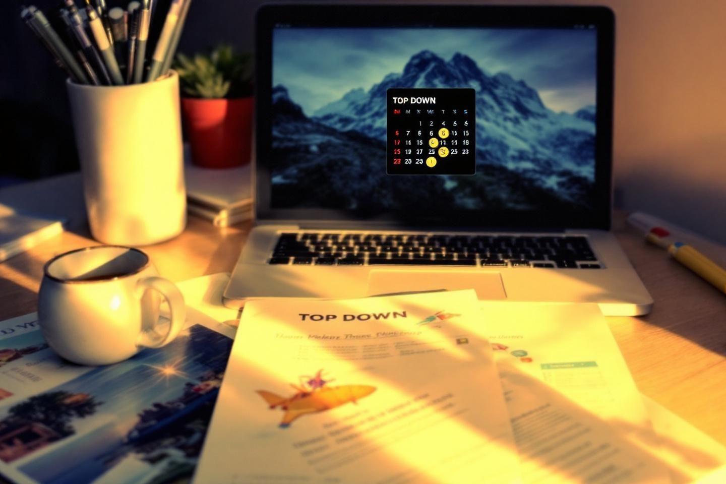 Espace de travail avec ordinateur, document et mug, éclairage chaleureux