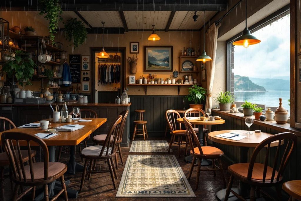 Intérieur chaleureux de café rustique avec vue sur mer