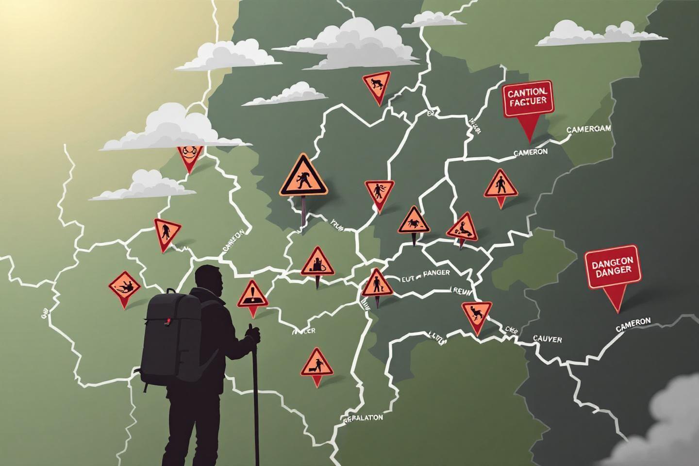 Randonneur observant une carte avec des panneaux de danger