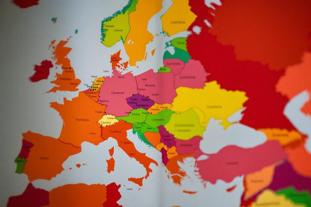 Carte européenne avec régions multicolores et frontières distinctes
