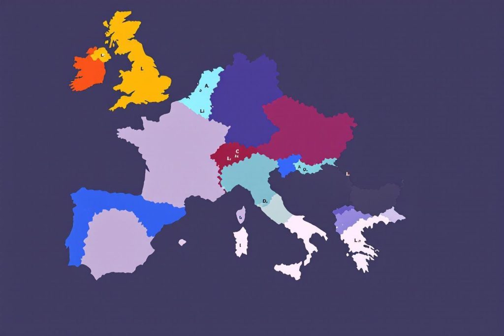 Carte européenne avec différents pays représentés par des couleurs