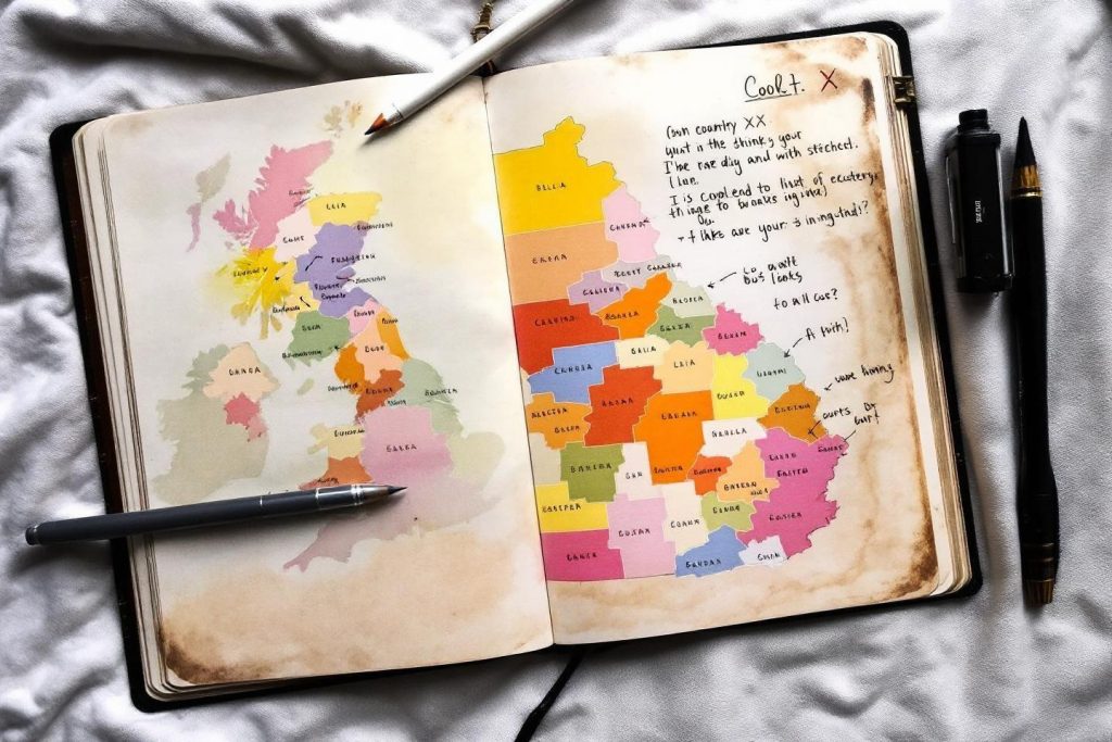 Carnet ouvert montrant deux cartes des régions britanniques colorées