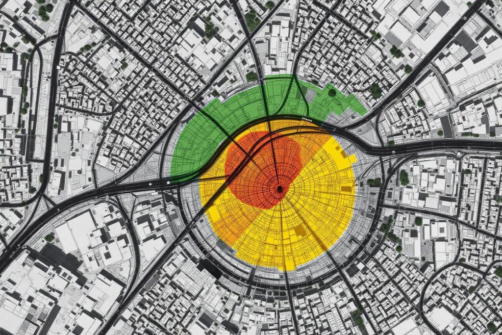 Vue aérienne d'une ville avec zones colorées en cercles gradués