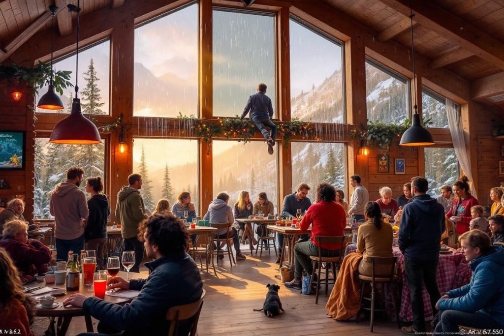 Intérieur chaleureux d'un refuge avec vue panoramique enneigée