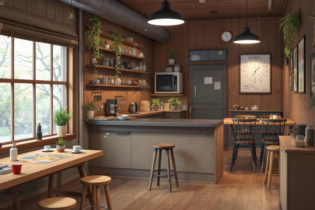 Intérieur de cuisine en bois avec plantes et luminaires suspendus