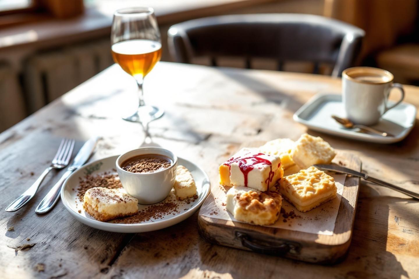 Table en bois avec différents desserts, une tasse de café et un verre de vin