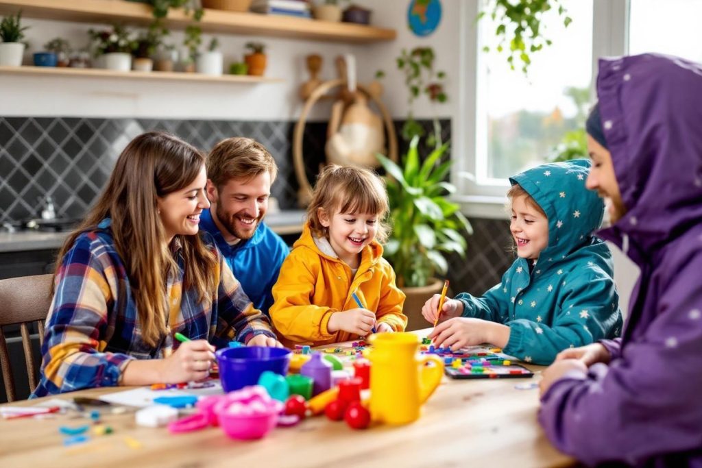 Parents et enfants à table avec des fournitures de dessin colorées