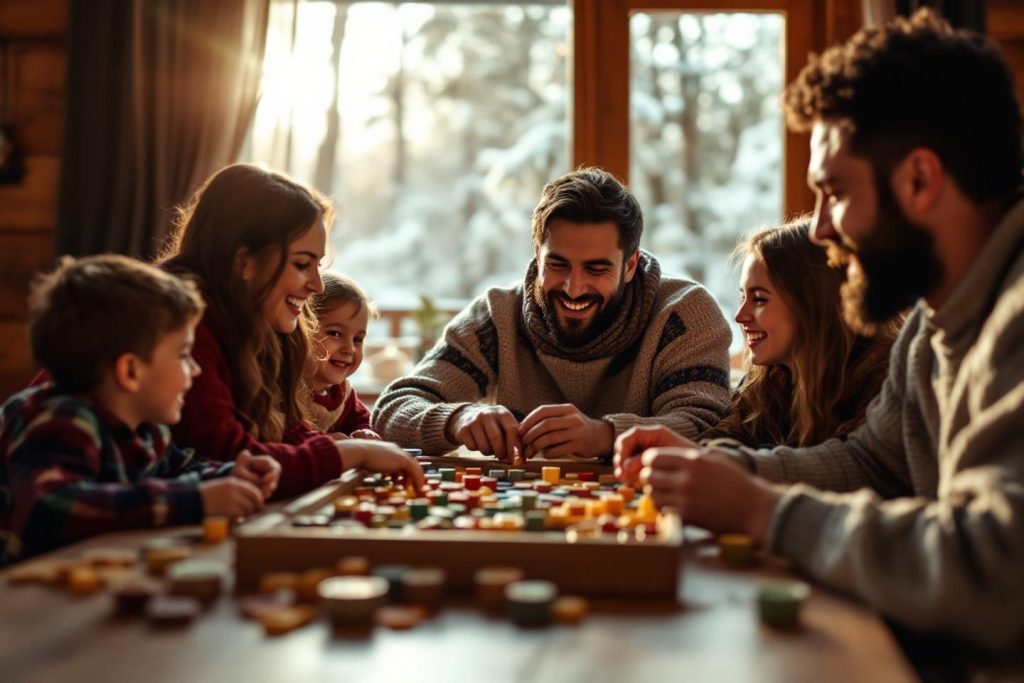 Groupe souriant autour d'un plateau de jeu en hiver