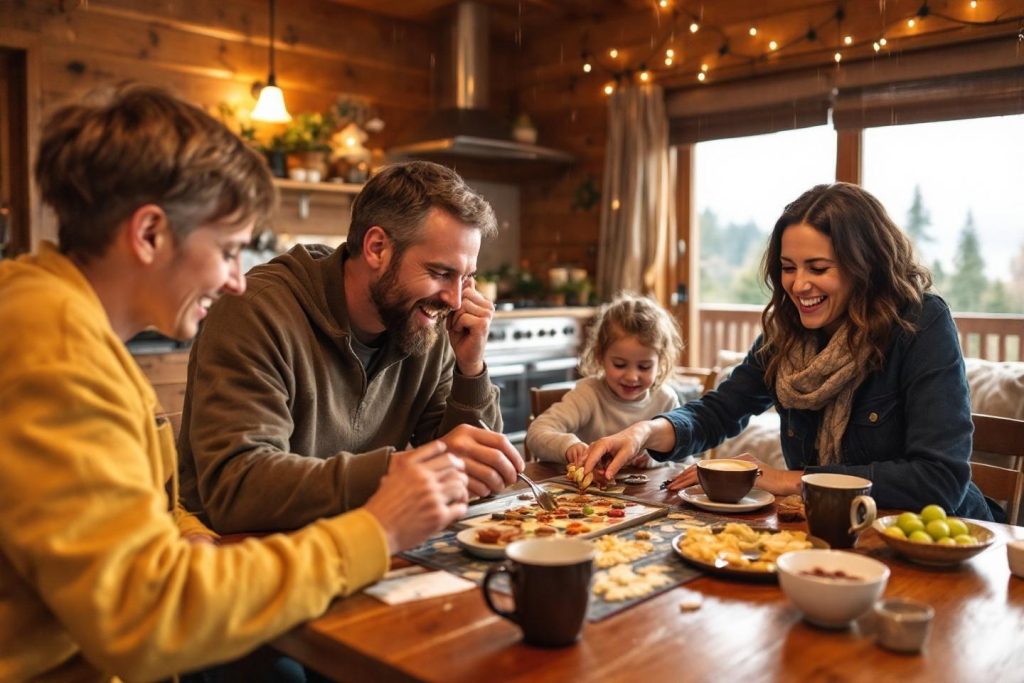 Famille riant ensemble autour d'un jeu de société dans une cuisine
