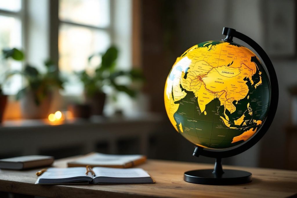 Globe jaune et vert posé près d'un livre ouvert