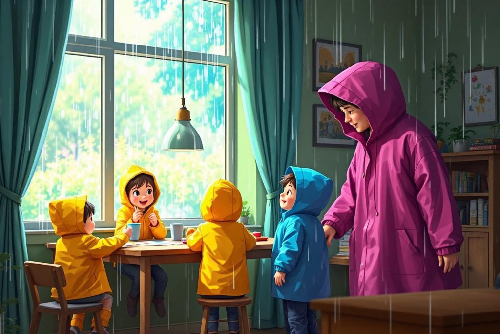 Famille en imperméables regardant la pluie par la fenêtre