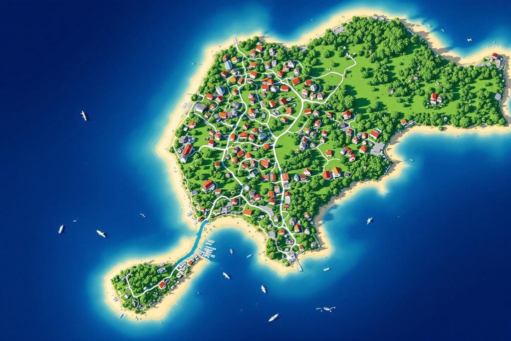 Île verdoyante avec des maisons et des plages entourée d'eau bleue