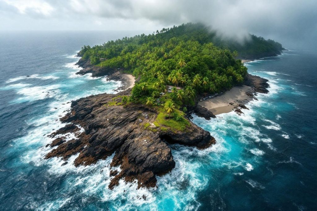 Vue aérienne d'une île verdoyante entourée d'océan bleu