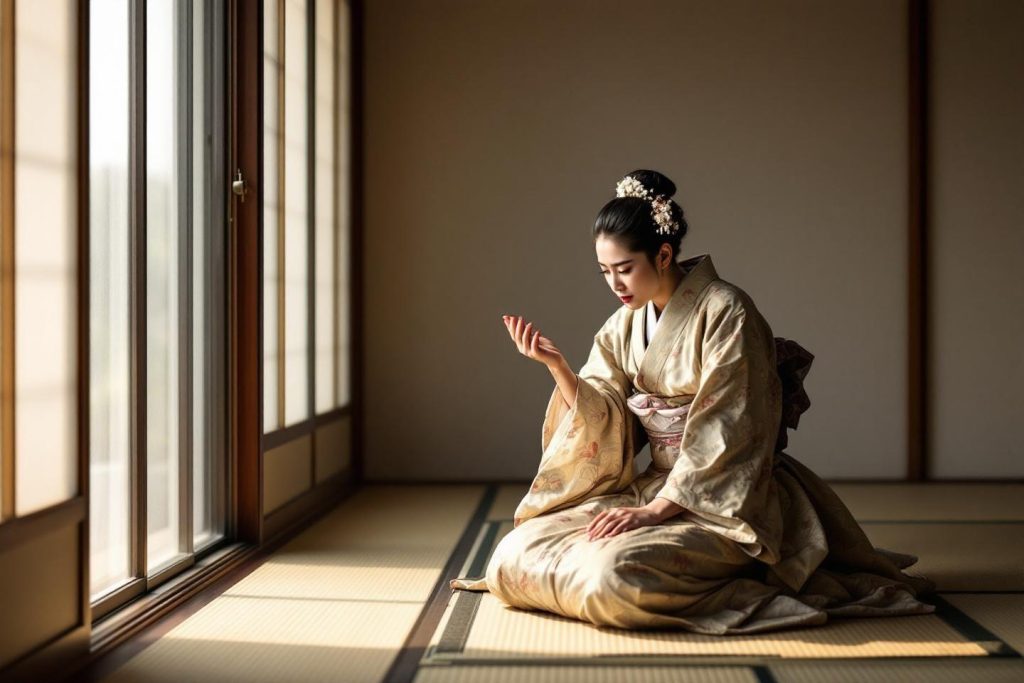 Femme assise en kimono dans une pièce traditionnelle japonaise