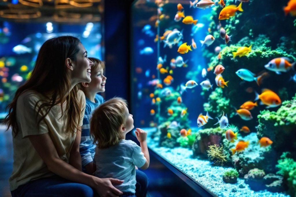 Parent et enfants observant des poissons exotiques dans un grand aquarium