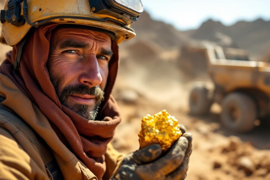 Ouvrier casqué tenant un morceau d'or dans le désert
