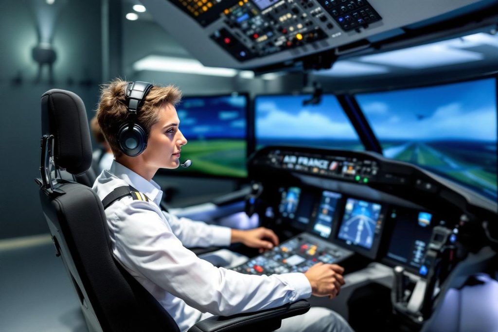 Professionnelle concentrée dans un poste de pilotage simulé