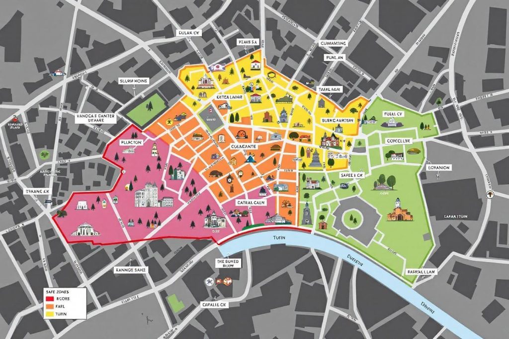 Carte illustrée d'un centre-ville avec zones colorées et monuments