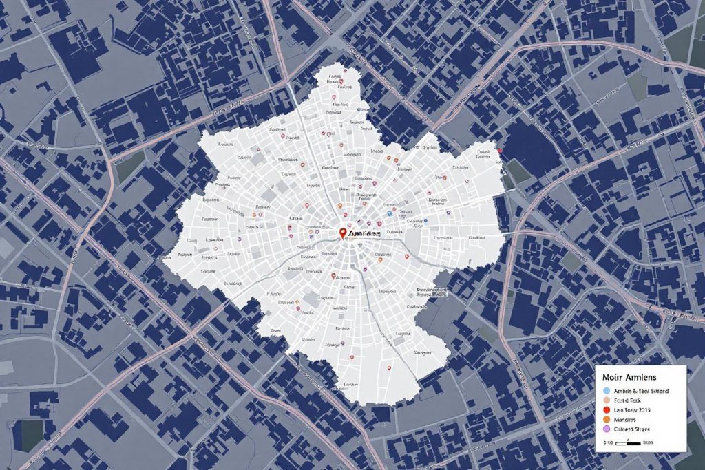 Carte blanche et bleue du centre-ville d'Amiens avec quadrillage