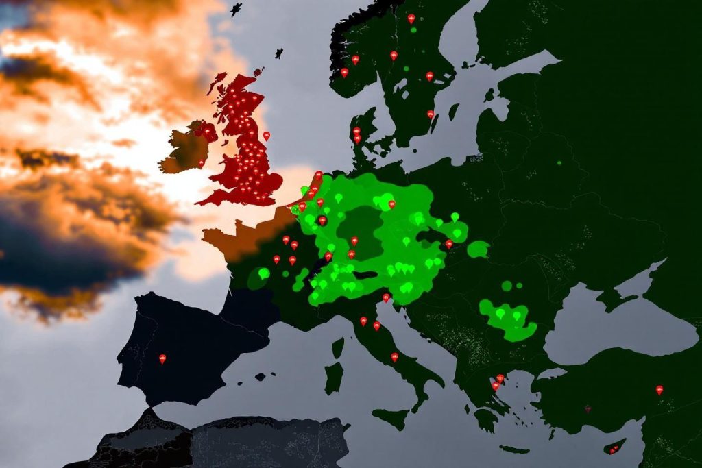 Carte de l'Europe avec des points rouges et verts