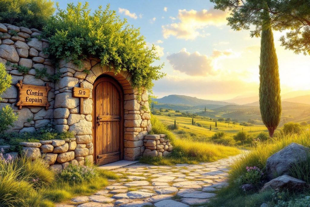 Porte en pierre rustique avec vue sur collines verdoyantes au coucher du soleil
