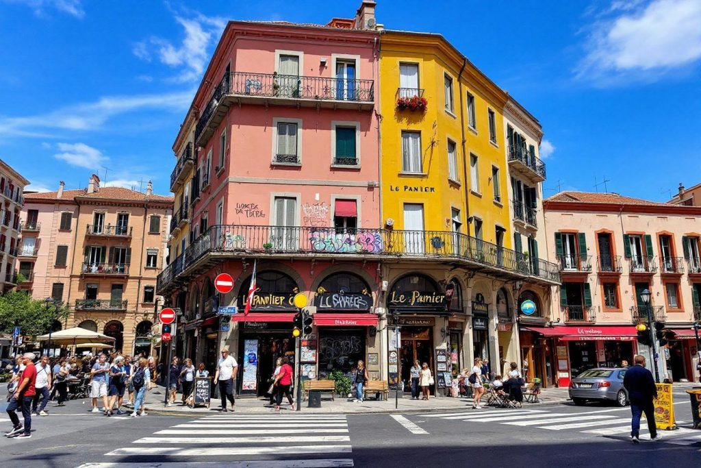 Immeubles colorés et rue passante avec piétons et commerces
