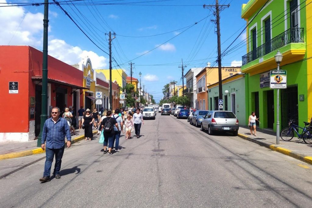 Rue mexicaine bordée de maisons colorées et piétons