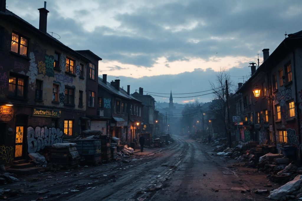 Rue sombre et sale avec bâtiments détériorés et lampadaires